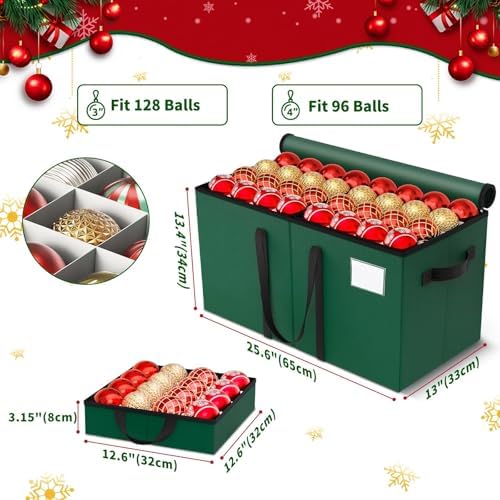 Christmas Ornament Storage Box, 8 Individual Trays with Handles, Green