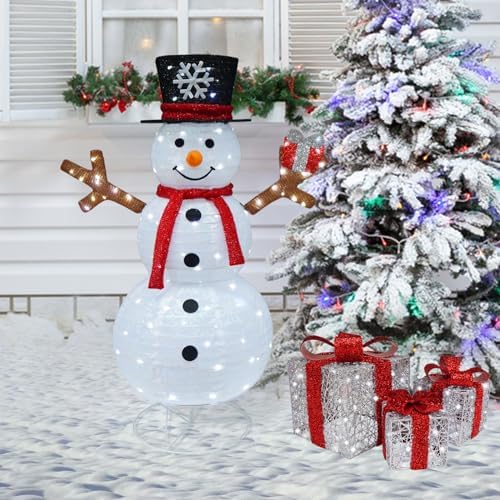 Outdoor Snowman Lighted, Pop-Up Snowman Outdoor Yard Christmas Decorations Prelit 100 Lights, Collapsible Lighted Snowmen Wears Red Scarf and Holds Light Up Gift Box for Home Porch Yard Décor-Red
