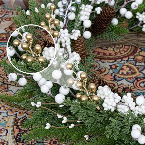 LLZLL 32 Pack Christmas Picks Artificial Christmas Tree Berries 6.5 Inch Holly Berry Stems for Winter Xmas Holiday DIY Ornaments（Golden）