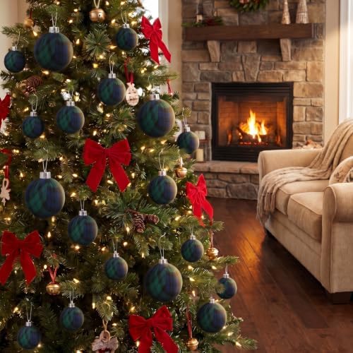 36 Pcs Christmas Tartan Plaid Ball Ornaments, Large Size, Blue