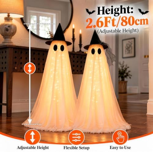 2 Pack 2.6ft Height-Adjustable Light up Ghost Halloween Decor with Timer