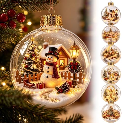 12PCS Glowing Christmas Ornaments - Mini Gold Light-Up Christmas Ball Ornaments - Christmas Tree Ornament with Warm LED Light for Tree Mantel, Holiday Scene Decoration & Gift