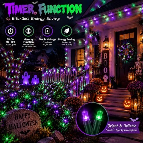 OZS Connectable 2-Pack 164Ft 400LED Halloween String Lights, Purple&Green