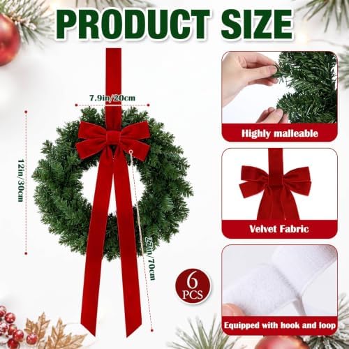 Roowest 6 Pack 12'' Christmas Window Wreaths Decorations & Red Velvet Bow