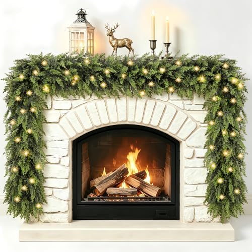 Christmas Garland with Lights Prelit Real Touch Cedar Garland Christmas Decorations 9.1ft Lush Realistic Faux Pine Garlands for Mantle, Table, Stairs, Doorframe, Fireplace Indoor Outdoor Decorations