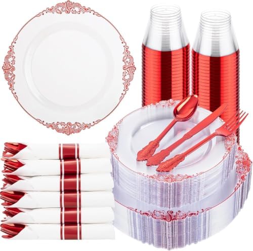 Hioasis 175 Pcs Clear Red Plates for Party