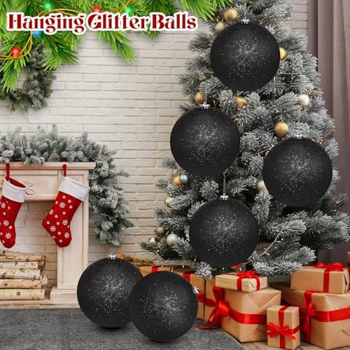 Zubebe 6 Pcs 8" Jumbo Christmas Ball Ornaments Lawn,Black Glitter