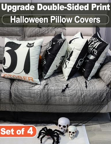 Halloween Decorations Set Of 4 Double-Sided Print Pillow Covers 20" x 20", with 8 Cute Halloween Decor Patterns, Elegant Invisible Zipper, Soft Linen Throw Pillow Covers for Outdoor & Indoor Use