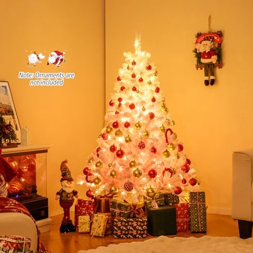 HAPPYGRILL 5 FT Pre-lit Flocked Christmas Tree Pink Hinged Xmas Tree with 456 Branch Tips, 180 Warm White LED Lights & Folding Metal Stand, for Home Office Carnival