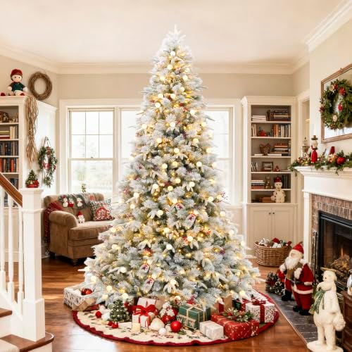 Hykolity 7.5 ft Prelit Flocked Christmas Tree, 450 Multicolor LED Lights, Artificial Christmas Pine Tree with Red Berries, 1608 PE&PVC Branch Tips, Metal Stand and Hinged Branches, 10 Modes