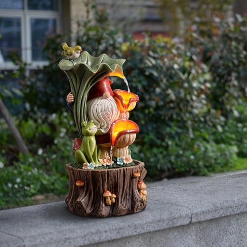 Kalona Outdoor Water Fountain, Gnome Tree Stump Waterfall with LED Lights