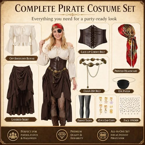 9 PCS Pirate Costume Women Set, Skirt Renaissance Halloween Outfit