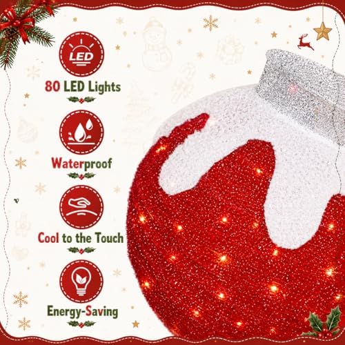 2 Pcs Lighted Outdoor Christmas Ornaments, 160 LEDs, Red and Green