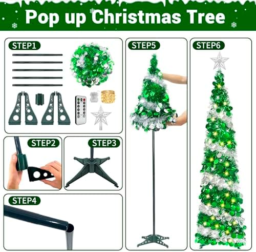 HISFFOG 5FT Pop Up Christmas Tree with 8 Rmote Lights Modes - Dual Color Sequin Tinsel Christmas Tree, Collapsible Artificial Pencil Christmas Trees Decorations for Home, Apartment, Office, Party