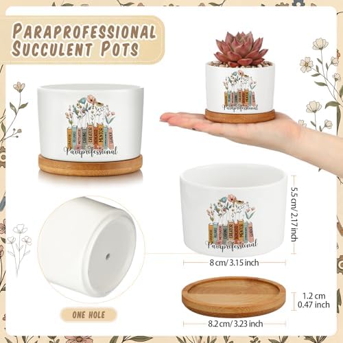 12 Pcs Paraprofessional Appreciation Gifts Succulent Planter Pots Ceramic Mini with Bamboo Trays Bulk for Teacher Assistant para Coworker Office Graduation Gifts, Plants Excluded