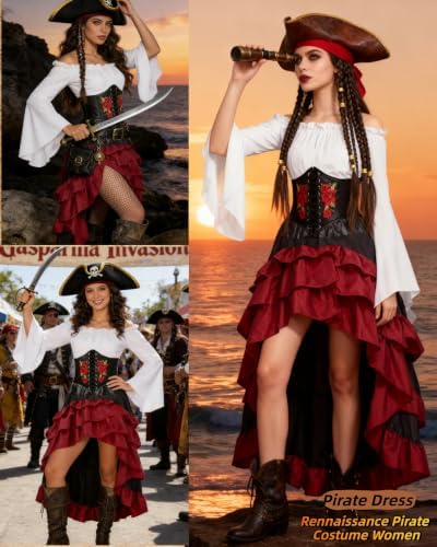 Women's Renaissance Pirate Wench Costume with Corset, Skirt & Blouse