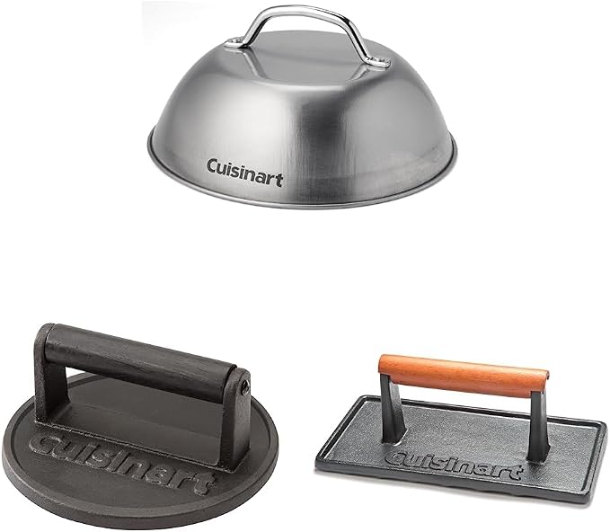 Cuisinart CMD-108 Melting Dome, 9",Stainless steel & Smashed Burger Press, Cast Iron CISB-111 & CGPR-221 Cast Iron Grill Press (Wood Handle), Weighs 2.1-pounds
