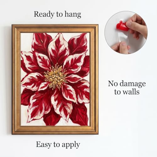 Framed Canvas Wall Art Expressive Painterly Red Poinsettia Deep Red and Creamy White Impasto Canvas Print Poster Gold Frame Wall Decor for Living Room Bedroom Floral Art, Holiday Decor - Inch 12x16