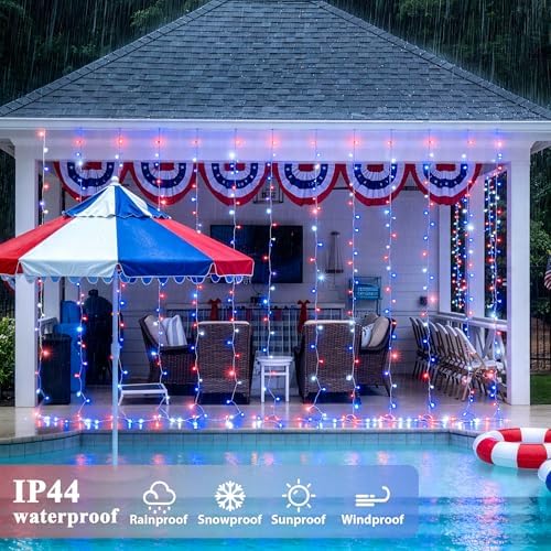 JMEXSUSS 300LED Red White & Blue Curtain Lights for 4th of July, 9.8x9.8ft
