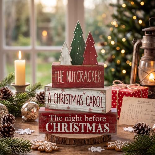 Moucuny 4 Pcs Christmas Table Decorations Rustic Christmas Tree Stacked Wooden Signs Decor Red Green and White Winter Tiered Tray Decor Xmas Table Centerpiece Farmhouse for Home Kitchen Shelf