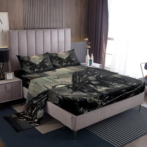 Skull Butterfly Bed Sheet Set Kids Death Butterfly Sheets Set 4pc Horror Theme Microfiber Soft Bedding Set,1 Flat Sheet,1 Deep Pocket Fitted Sheet,2 Pillow Cases（King Size）