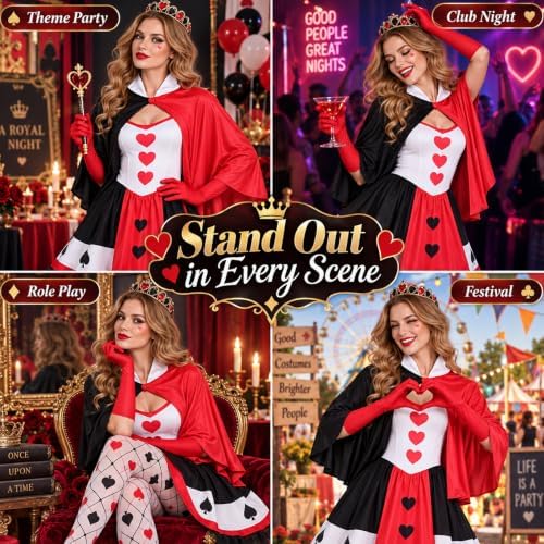 5PCS Red and Black Queen Costume for Women Halloween Playing Card Outfit