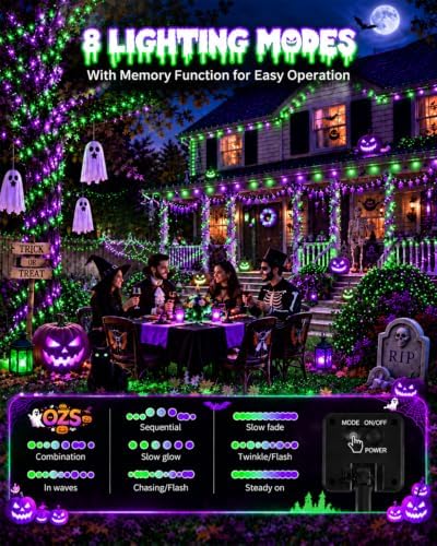 OZS Solar Halloween Lights Outdoor, Purple and Green 2 Pack 240LED