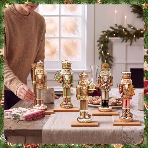 RattanView 5 Pcs Gingerbread Christmas Table Decorations Wooden Ginger Bread Nutcracker Decor Christmas Centerpiece Ginger Bread Village Xmas Nutcracker Tiered Tray Home Decor with Base for Party