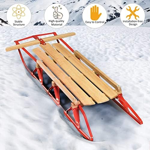 GLACER Wooden Sled, 54 Inches Snow Slider w/Metal Runners & Steering Bar, Sleigh Toboggan Pull Sled for Kids & Adults, Steel & Wood
