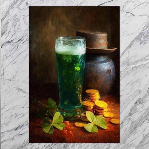 JDBeehpy St. Patrick's Day Green Beer Lucky Coins Still Life Fashion Minimalist (Unframed, Canvas Only) Canvas Wall Art Classic Irish Holiday Festival Aesthetic Pictures Farmhouse 16x24inch(40x60cm)