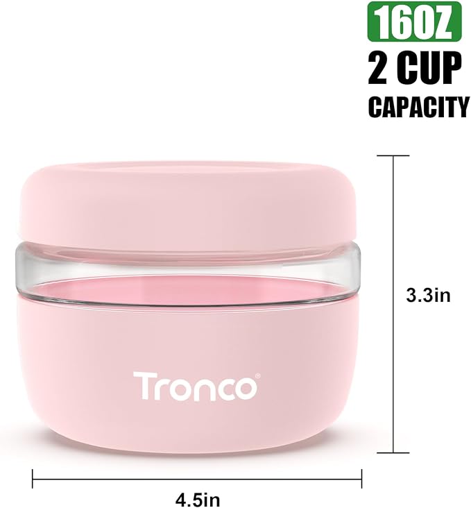 Tronco 16 oz Glass Food Storage & Lunch Bowl Containers with Airtight Lids | Leak & Spill Proof Meal Prep Container & Food Storage Jar for Lunch, Salad, Oats, Soup, BPA-Free, Microwave & Dishwasher Safe
