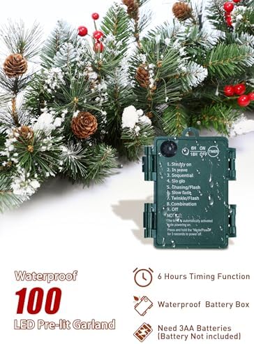 Christmas Garland with Lights, 9Ft Prelit Garland, 8 Light Modes & Timer