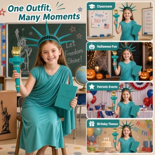 VZQI Statue of Liberty Costume for Girls, Dress Crown Torch Book
