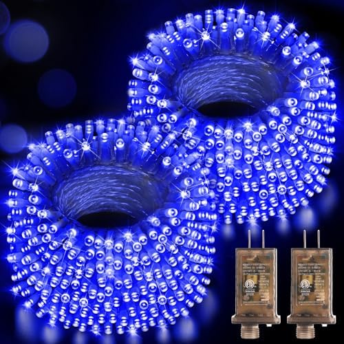 Hezbjiti 2 Pack 1000 LED 403 FT Christmas String Lights Outdoor, 8 Lighting Modes IP44 Waterproof Fairy Lights with Timer and Dimmable Function for Party Tree Decorations (Blue, Clear Wire)