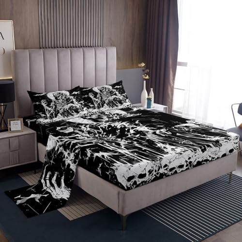 Skeleton Bed Sheet Queen Size Black White Sheets Sets Adults Bedroom Decor Gothic Skull Microfiber Bedding Set with Flat,Fitted Sheet,2 Pillow Cases