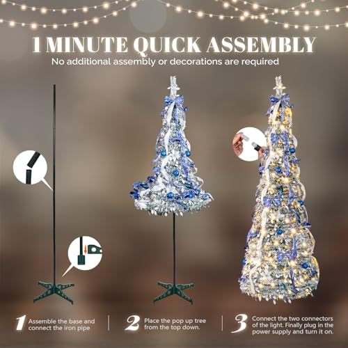 VINGLI 7ft Pre Lit Pop Up Christmas Tree w/ 200 Lights, Fully Decorated Flocked Pencil Christmas Tree, Collapsible Xmas Tree for Holiday Party Decorations (Blue&Silver)