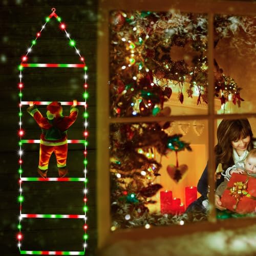 Toodour LED Christmas Light - 2.5FT Christmas Decorative Ladder Lights with Santa Claus, Xmas Decorations Light for Indoor Outdoor, Window, Garden, Home, Wall, Xmas Tree Decor - Red White & Green