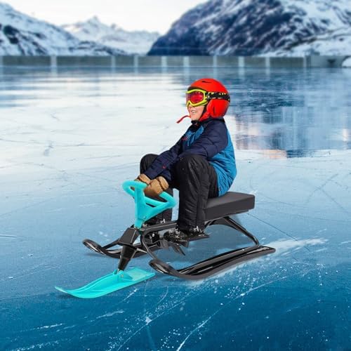 Snow Racer Sled, Ski Sled Slider Board with Steering Wheel, Adjustable Kart Style Design with Serrated Brakes and PU Seat for Kids Age 3-15 Years