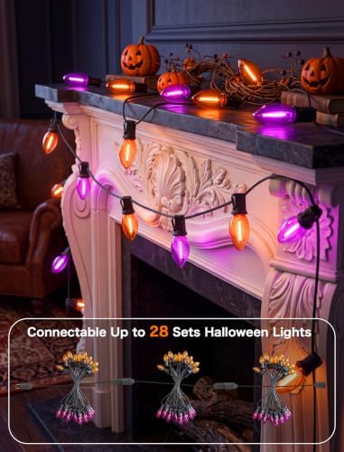 SUNSGNE 25FT C9 LED Halloween Lights Outdoor, 25 Orange and Purple Lights