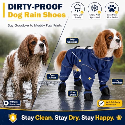 Waterproof Dog Boots Rain Boots with Suspender, Dogs Shoes Paw Protector for Small Medium Puppy, Anti-Slip Doggy Boot Belly Protector, Rain Booties Snow Pants Dogs Suspender Booties Leggings(L,blue h)