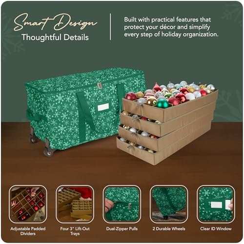 Covermates Keepsakes Rolling Adjustable Ornament Storage Bag – Heavy-Duty Polyester, FlexGrid Trays & Padded Dividers – Protective Holiday Organizer with Wheels, Handles & ID Window, Green Snowflake