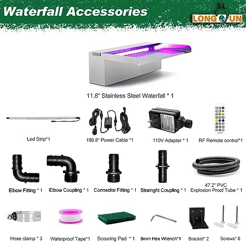 LONGRUN Stainless Steel Waterfall Spillway, APP Control Multi-Color LED Light Outdoor Pool Fountain, Water Spillway Koi Pond Waterfalls Fountains Kit for Garden Patio Swimming Pool Decoration-11.8"