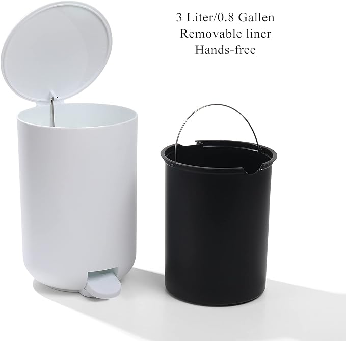 GAHEFY White Bathroom Accessories Set with Small Trash Can 3 Liter/0.8 Gallon,Toothbrush Holder,Soap Dispenser,Vanity Tray,Toilet Brush and Holder White 5PCS