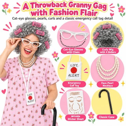 Old Lady Costume for Women, Grandma Dress Up Set for Halloween