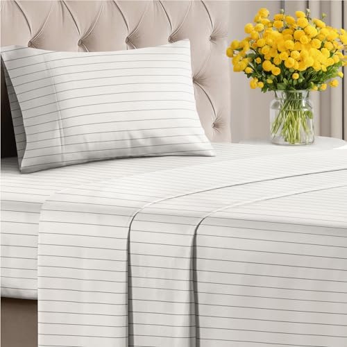 Twin XL 3 Piece Striped Sheet Set - Breathable & Cooling - Cream Stripe