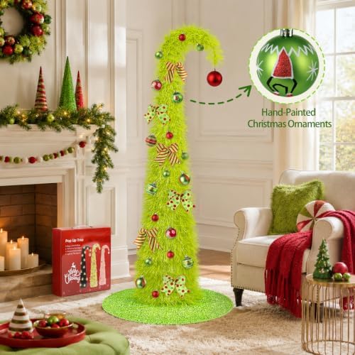 6FT Whimsical Pop-Up Christmas Tree with Lights 30” Tree Skirt, Green