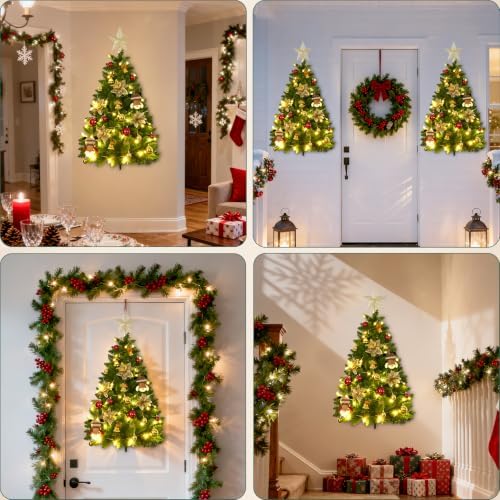 3 FT Wall Christmas Tree, Dark Green Half Christmas Tree Wall Hanging, DIY 1/2 Chrismas Tree for Window with Lights, Ornaments and Hooks, Hainging Xmas Tree for Door, Pet Owners Xmas Decor