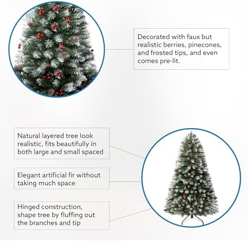 Vancouver 7.5ft Frosted Prelit Artificial Christmas Tree with Pine Cones,Faux Berries, Foot Pedal, 1346 Branch Tips,550 Warm Lights & Metal Stand, 53" Wide Realistic Decorated Spruce Christmas Tree