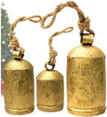 Decorative Cow Bells Set of 3 Large Harmony Bells - Vintage Giant Christmas Bells, Country Rustic Cowbell on Jute Rope XL Hanging Lucky Golden Bells (4"-6"-8")