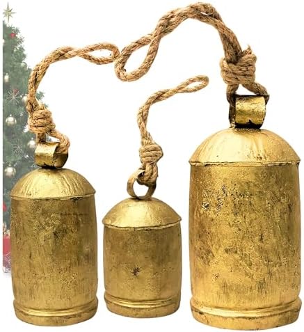 Decorative Cow Bells Set of 3 Large Harmony Bells - Vintage Giant Christmas Bells, Country Rustic Cowbell on Jute Rope XL Hanging Lucky Golden Bells (4"-6"-8")